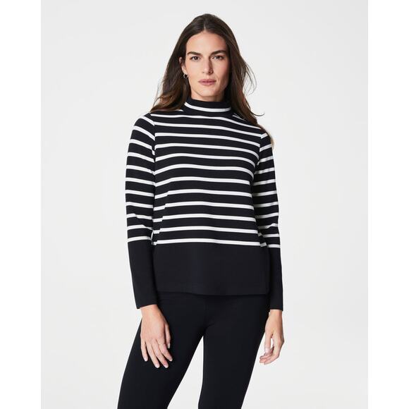 SPANX Striped Long Sleeve Turtleneck Top - Black & White XS - Picture 1 of 8